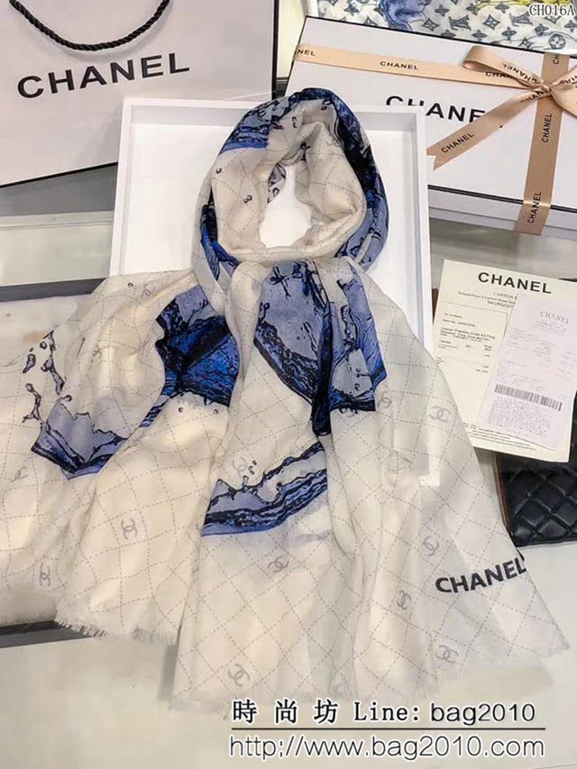 CHANEL香奈兒 2018專櫃最新款 名媛風格印花羊絨圍巾 CH016 LLWJ6176